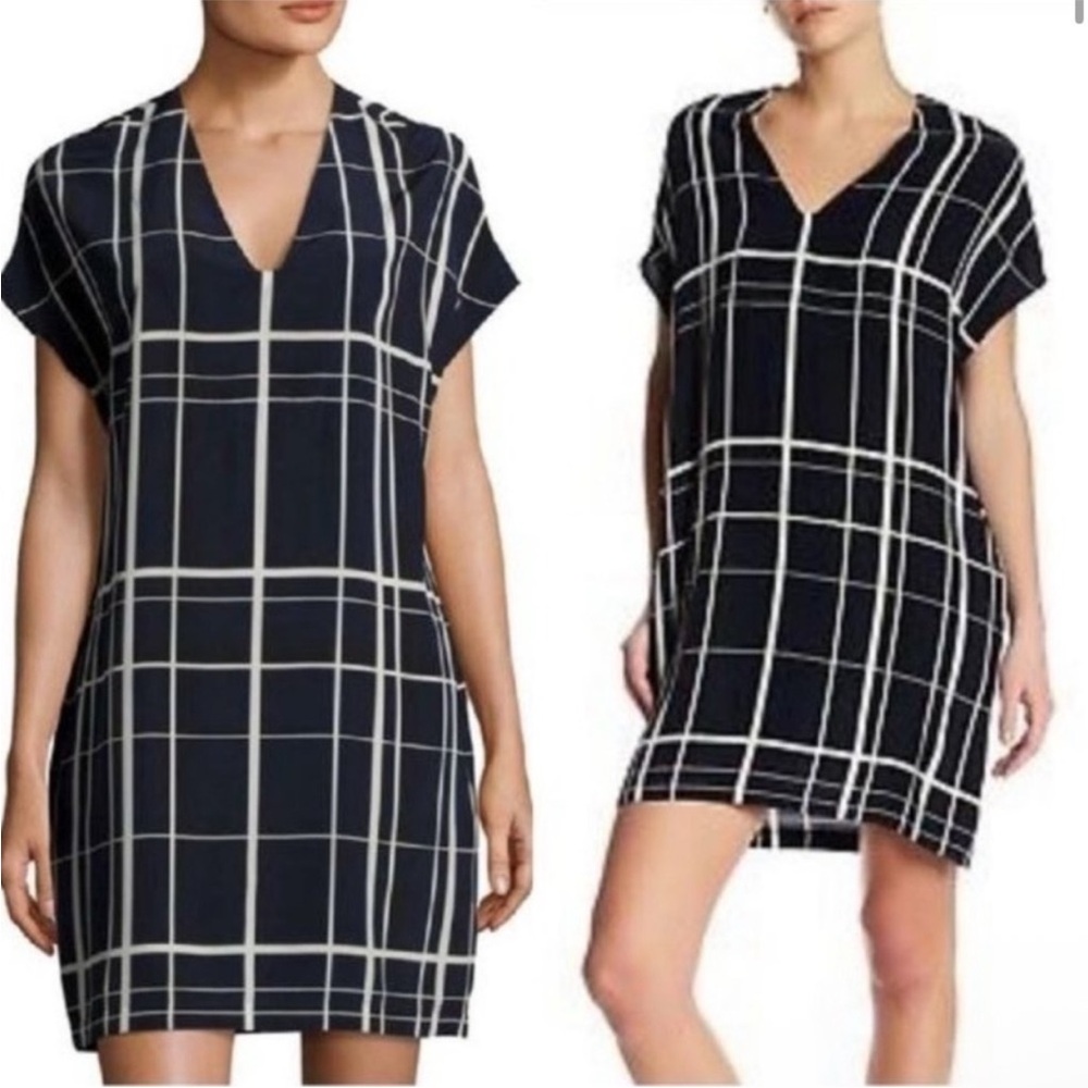 Vince Silk Dress Plaid Print Tunic White Black Navy $395 Spring Capsule Pockets!